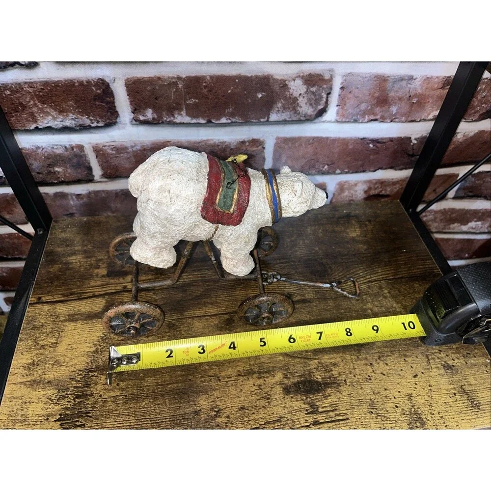 Vintage Rustic Holiday Christmas Polar Bear Wagon Figurine On Wheels